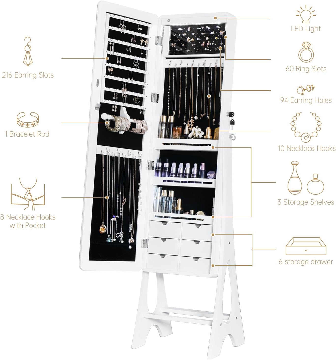 Full Length Mirror Jewelry Armoire Cabinet Standing Organizer | Lockable Jewelry Storage for Women Girl Full-Length Frameless LED Lights 6 Drawers White