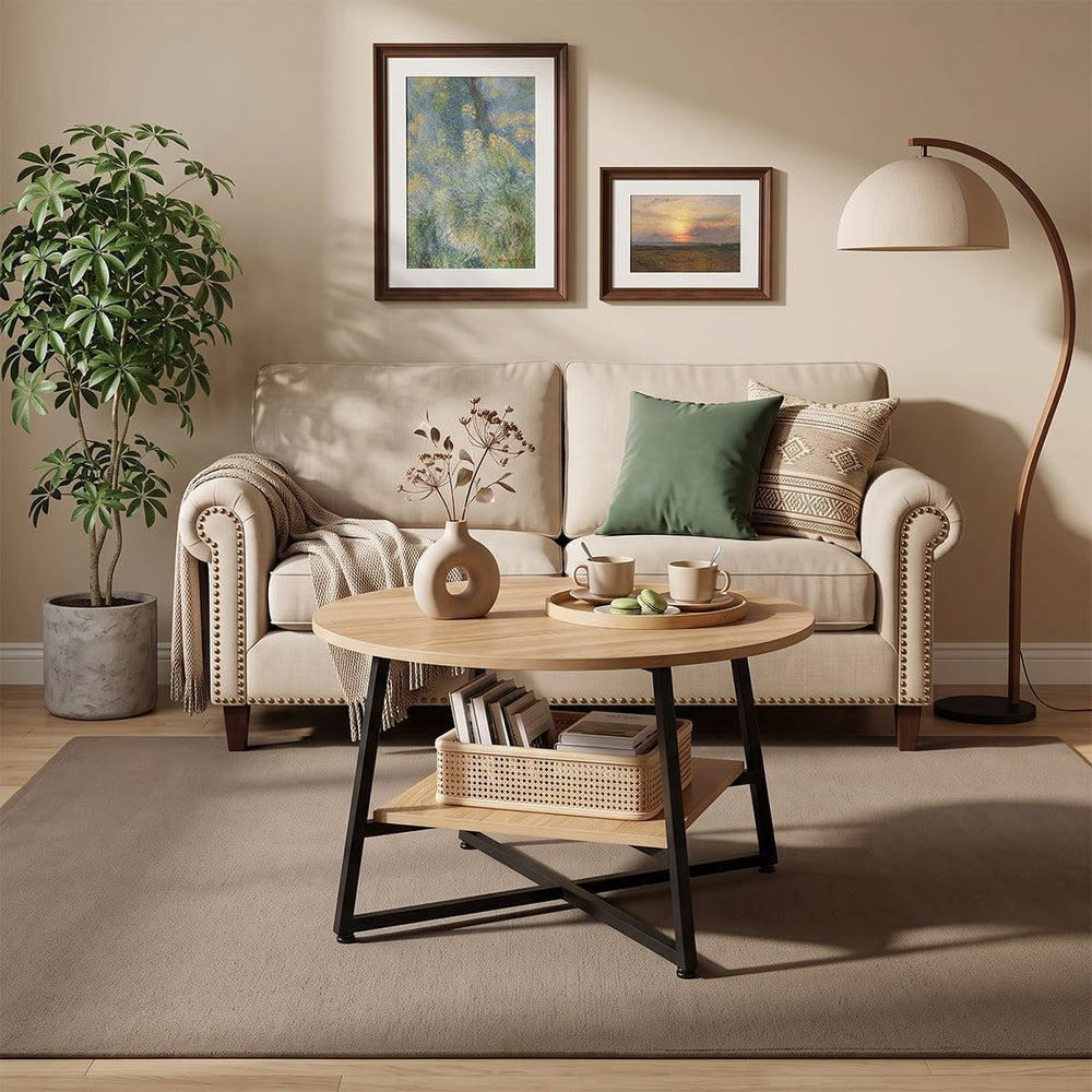 YANPU Round Coffee Table, 2-Tier Wood Coffee Table with Storage Shelf, Modern...