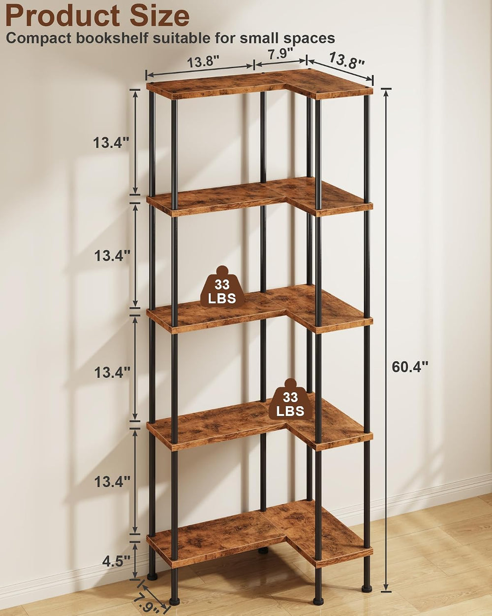 HIGDBFE 5-Tier L-Shaped Corner Bookshelf, 60" Tall Modern Corner Shelf