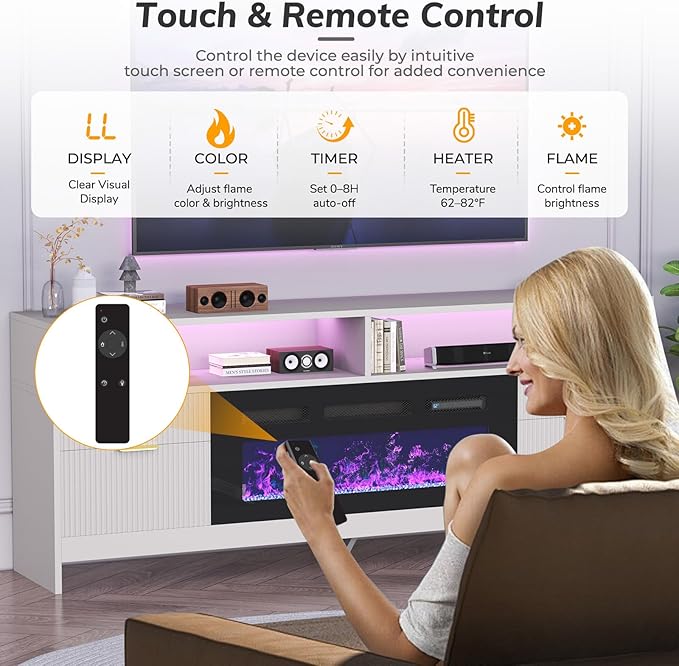 70” Fireplace TV Stand with 36” Electric Fireplace, Electric Fireplace TV Stand for Living Room with LED Lights, Modern TV Console Cabinet & Media Entertainment Center with Fireplace (White)