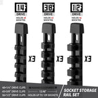Socket Organizer Drive ABS Tools - Black Socket Holder, Premium Quality 9 Pieces Socket Holders Kit 1/4-Inch x 48 Clips, 3/8-Inch x 45 Clips, 1/2-Inch x 36 Clips（9PC,Black