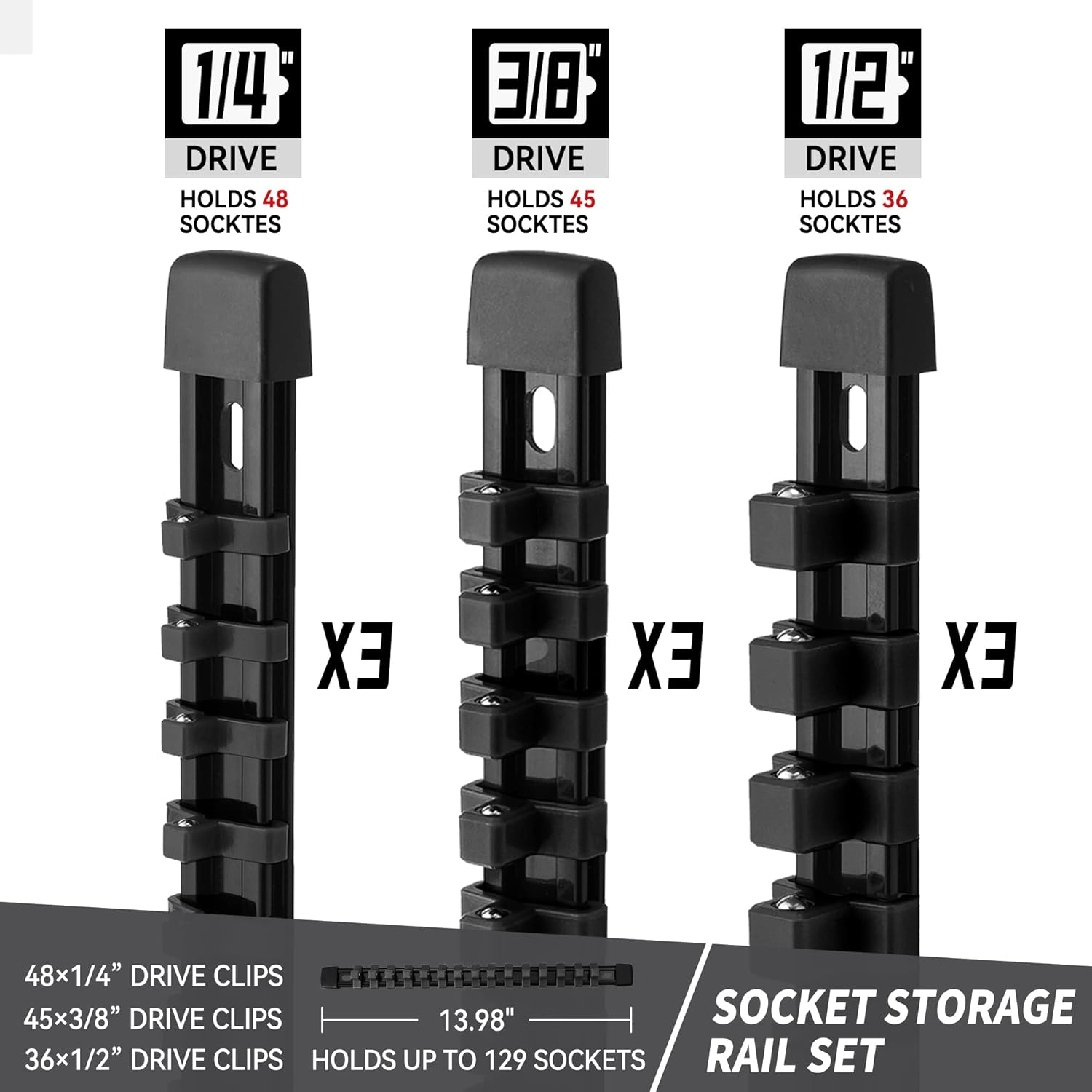 Socket Organizer Drive ABS Tools - Black Socket Holder, Premium Quality 9 Pieces Socket Holders Kit 1/4-Inch x 48 Clips, 3/8-Inch x 45 Clips, 1/2-Inch x 36 Clips（9PC,Black