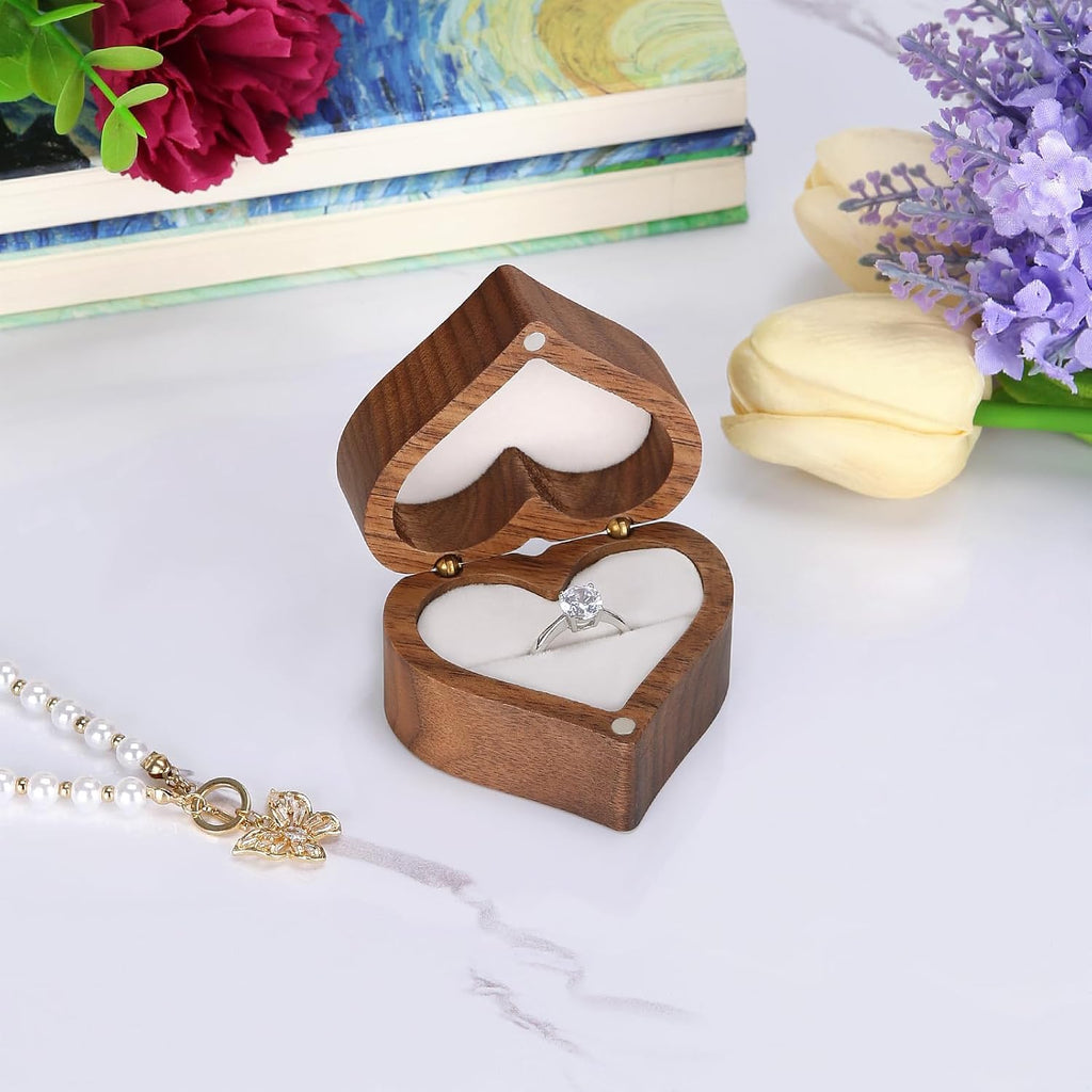 LETURE Wooden Heart Shape Ring Gift Box with Single Slot 2 Slot, Personalized Vintage Wood Jewelry Box for Proposal Engagement Wedding Ceremony Anniversary (White-1 Slot)