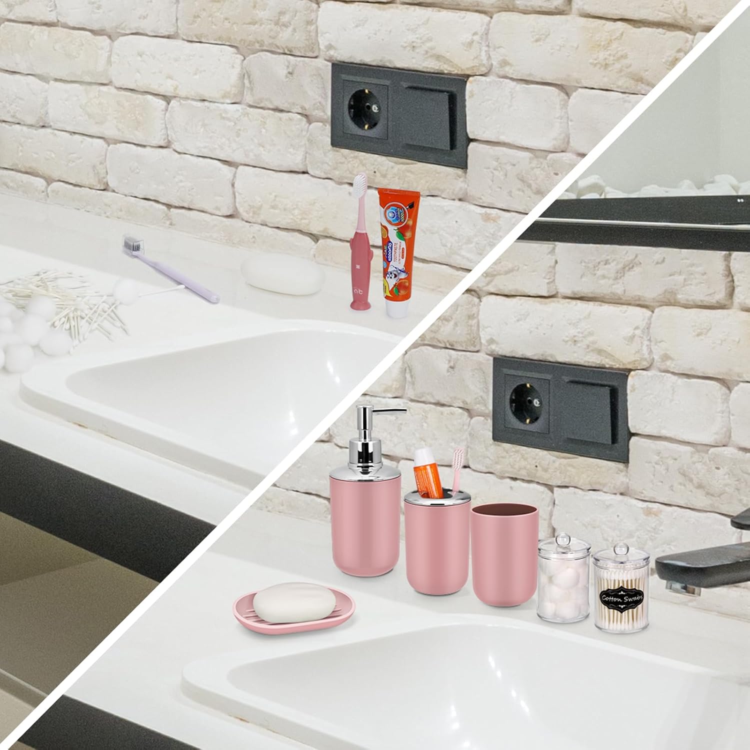 7 Piece Pink Bathroom Set,Soap Dispenser,Toilet Brush,Trash Can & Décor Tray,Complete Accessories for Bathroom Organization & Housewarming Gifts
