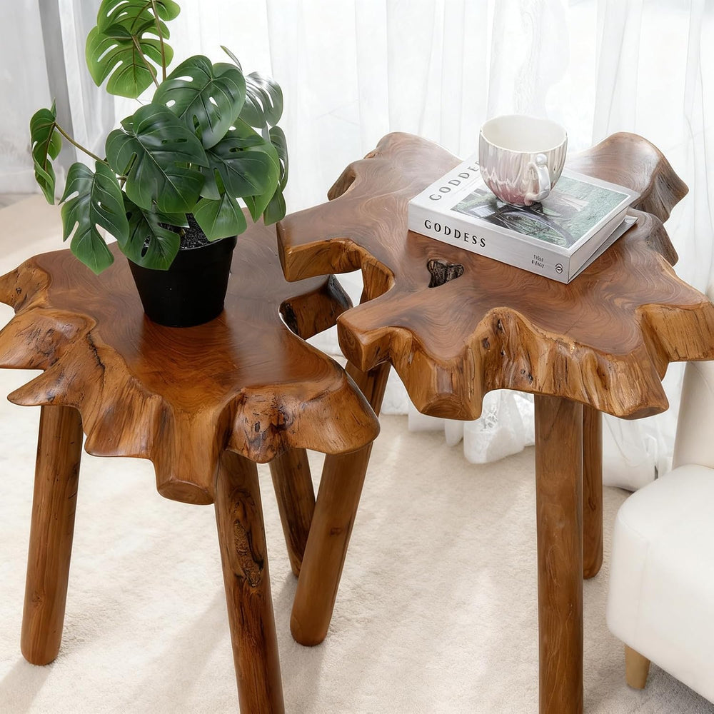Natural Teak Wood Live Edge Side Table with Wood Legs – Rustic Side Table for...