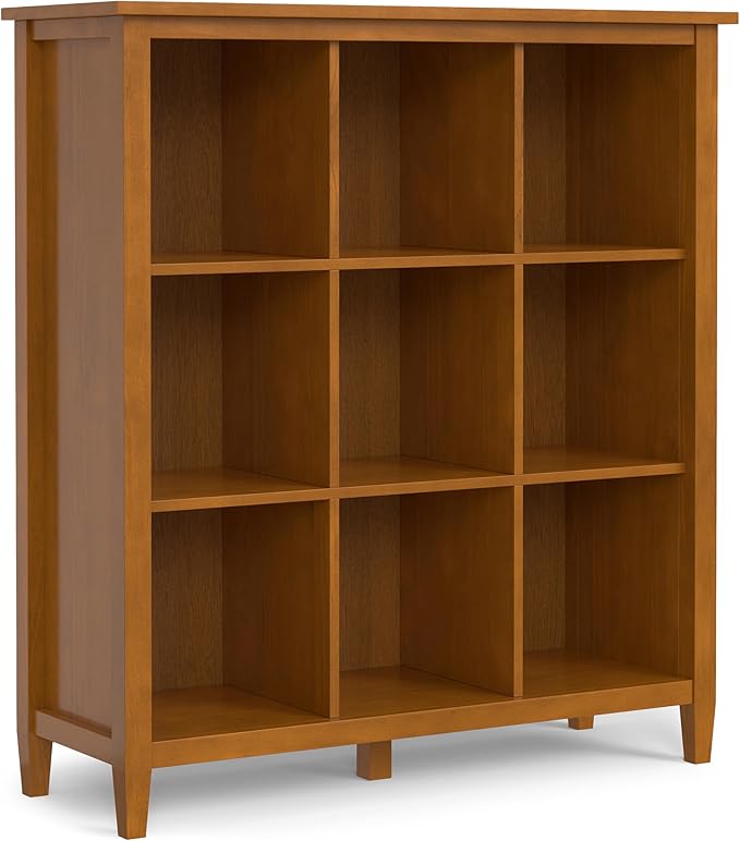 SIMPLIHOME Warm Shaker Bookcase - 44 inch Tall 9-Cube Solid Wood Cube Organizer in Light Golden Brown, Transitional Storage for Living Room, Study Room or Office with Fixed Shelves and Tapered Legs