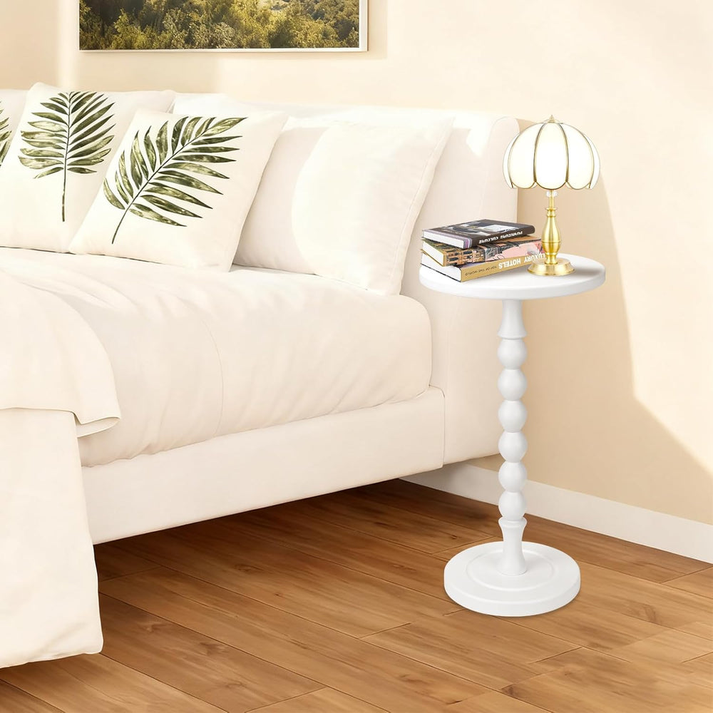 Round Side Table for Small Spaces, Drink Table with Oak Wood Pedestal, Modern...