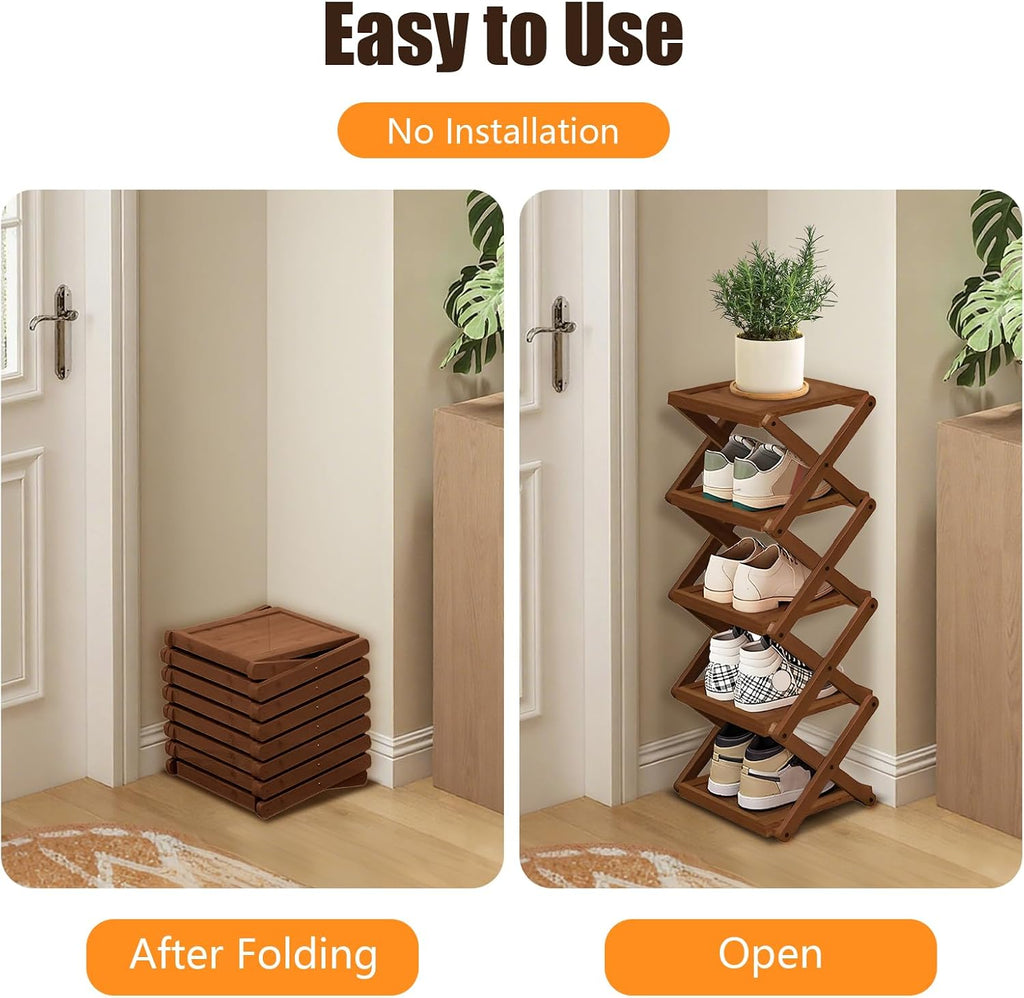 YYW Shoe Rack, Foldable Bamboo Shoes Shelf, Freestanding Shoe Storage Organiser for Entryway, Bedroom, Closet, Hallway, (Brown, 3 Layers, 25)