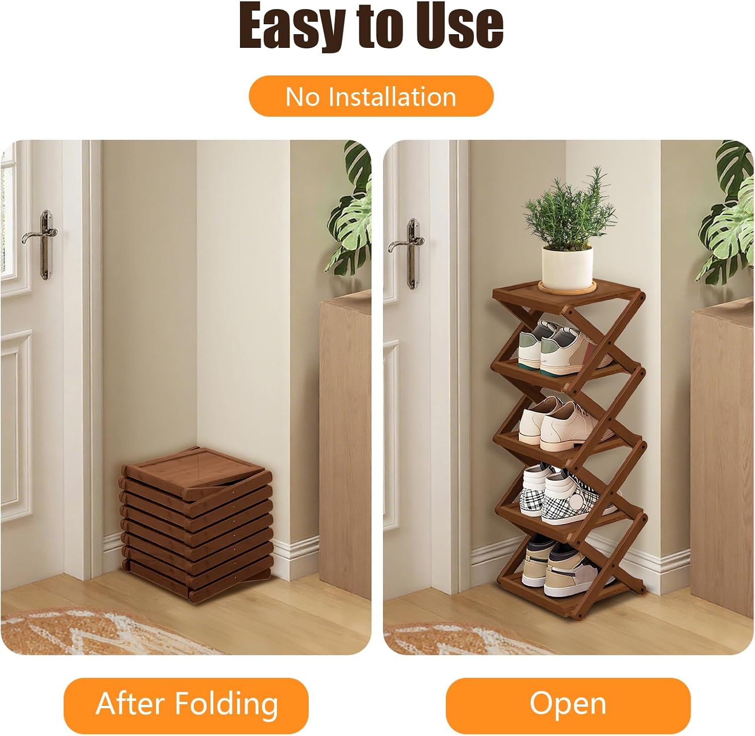 YYW Shoe Rack, Foldable Bamboo Shoes Shelf, Freestanding Shoe Storage Organiser for Entryway, Bedroom, Closet, Hallway, (Brown, 3 Layers, 25)