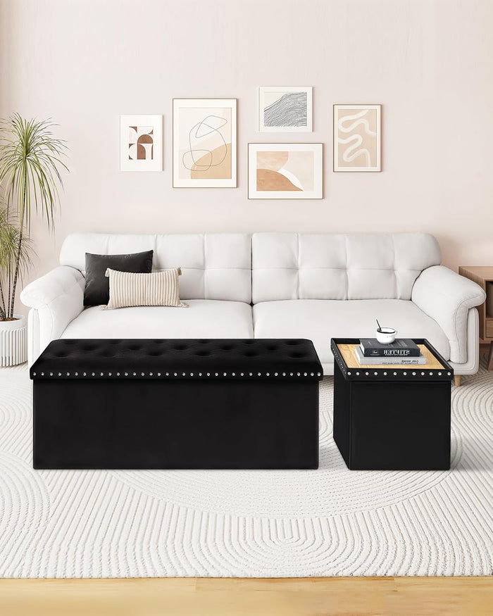 B FSOBEIIALEO Storage Ottoman Bench, 43" Velvet Ottoman with Storage, Black | 140L Large Storage Space, Tufted Foldable Long Storage Bench for Bedroom , Living Room, Entryway, End of bed