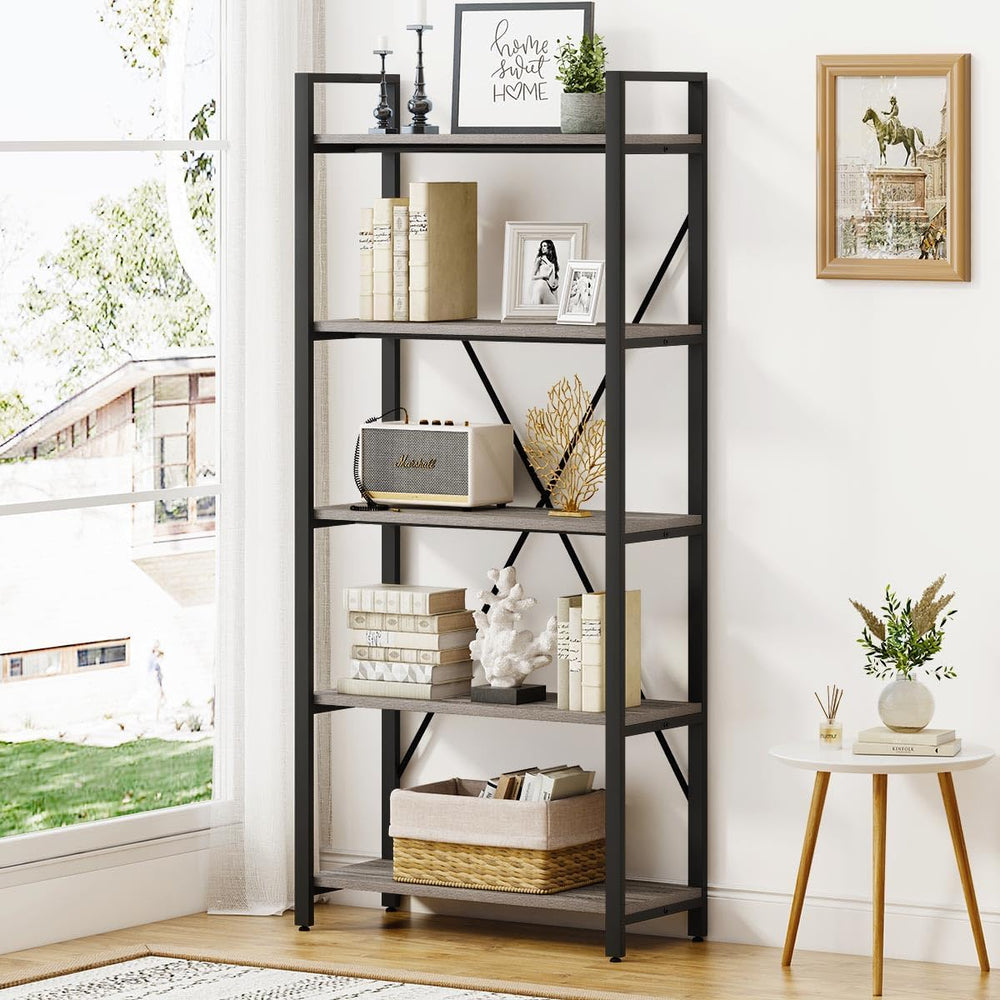 Industrial Bookshelf, Etagere Bookcases and Book Shelf 5 Tier Shelves, Grey W...
