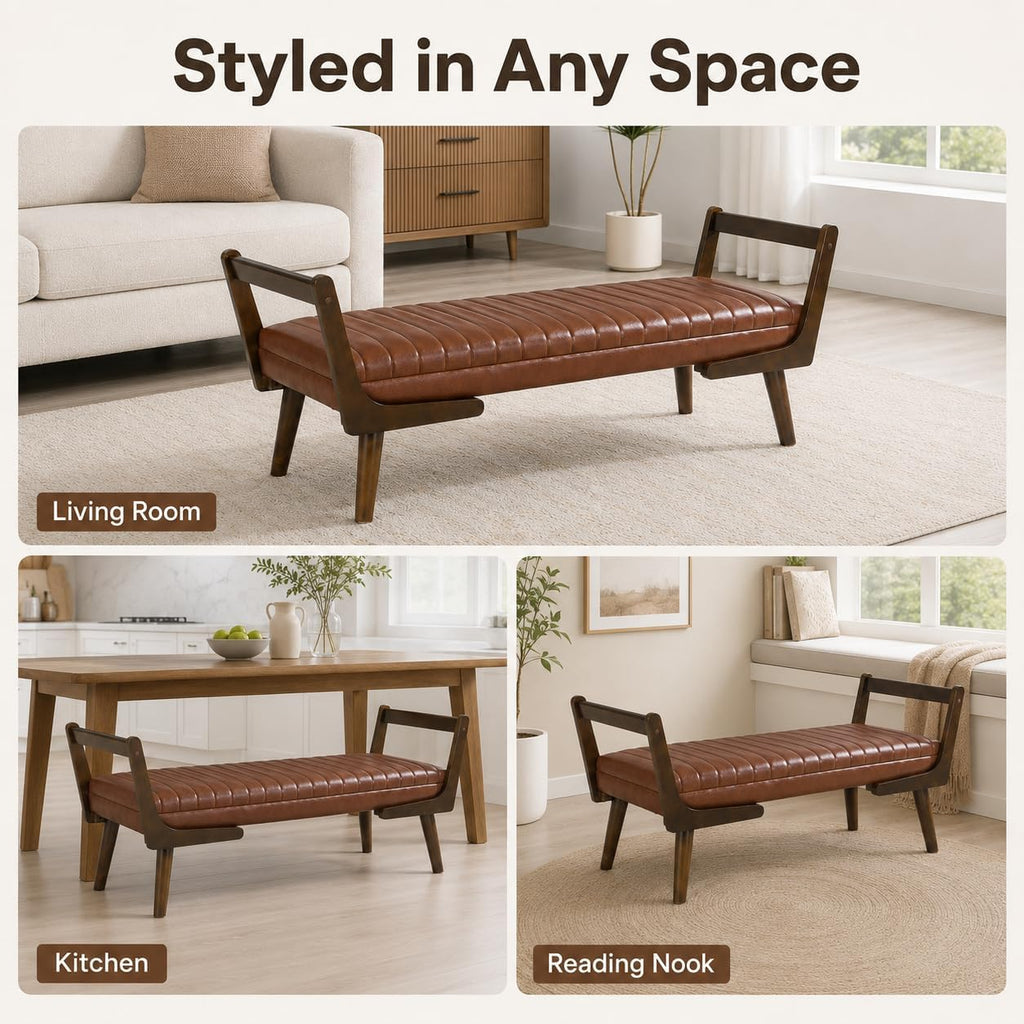 52" Upholstered Bench, Brown Faux Leather, Walnut Legs | Mid-century modern ottoman with high-resilience foam, sturdy wood frame. Ideal for bedroom end of bed, entryway, living room