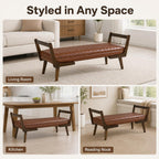 52" Upholstered Bench, Brown Faux Leather, Walnut Legs | Mid-century modern ottoman with high-resilience foam, sturdy wood frame. Ideal for bedroom end of bed, entryway, living room