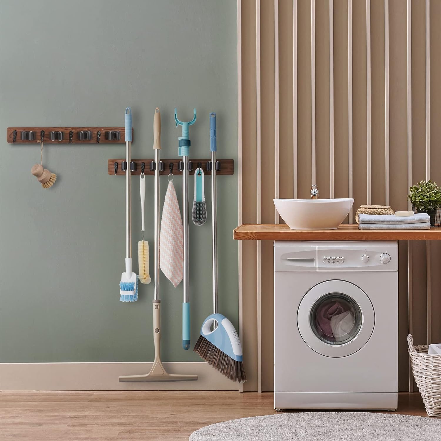 2 Pack Mop Broom Holder Wall Mount - Wood Broom Mop Hanger - Wall Mounted Garden Tool Rack Organizer for Closet Garage Laundry Room Farmhouse Rustic Kitchen Decor With 4 Slots & 4 Hooks