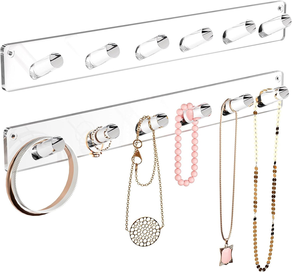MaxGear Clear Necklace Holder 2-Pack, Wall Jewelry Organizer with 12 Hooks | Acrylic Tangle-Free Display for Necklace, Bracelet, Bangles, Ring, Perfect for Bathroom, Vanity, Closet Door