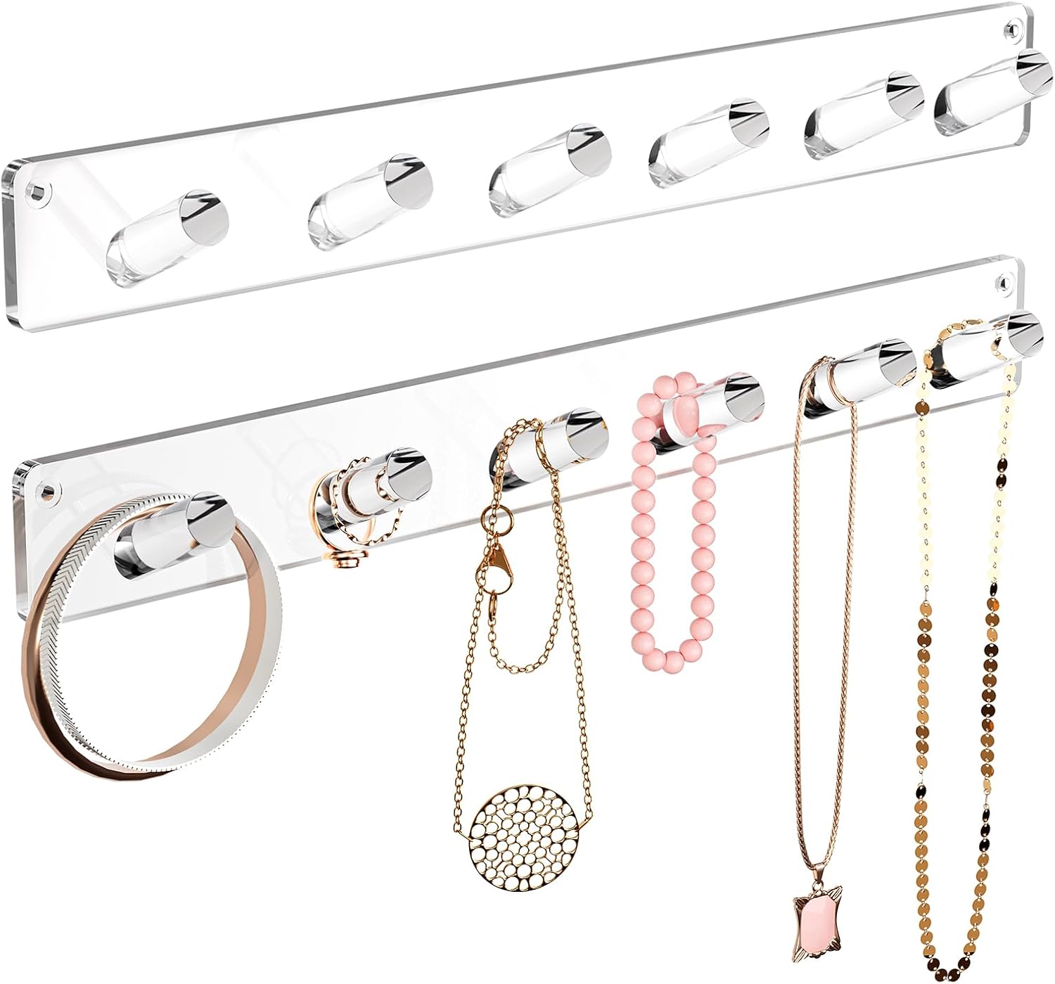 MaxGear Clear Necklace Holder 2-Pack, Wall Jewelry Organizer with 12 Hooks | Acrylic Tangle-Free Display for Necklace, Bracelet, Bangles, Ring, Perfect for Bathroom, Vanity, Closet Door