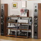 4-Tier AV Media Stand with 2 Hooks,Heavy Duty Stereo Cabinet Furniture-Large Stereo Rack and Game Console Stand,Wooden Record Player Stand,Audio Stand Perfect for DVD Players/Game Console/TV Box/Xbox