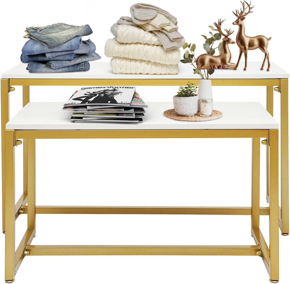 Metal Shoe Handbag Display Stand,Nesting Tables 2 Piece Set,Gold White Displa...