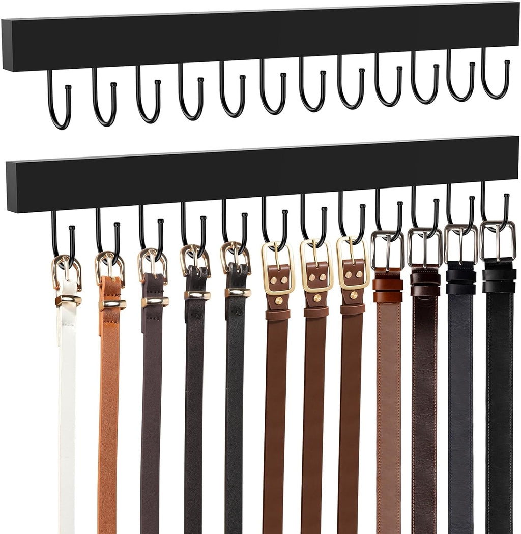 Belt Hanger Wall Mount, Wooden Closet Belt Organizer with 24 Metal Hooks, Large Capacity, Black, 2 Pcs