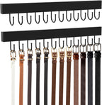 Belt Hanger Wall Mount, Wooden Closet Belt Organizer with 24 Metal Hooks, Large Capacity, Black, 2 Pcs