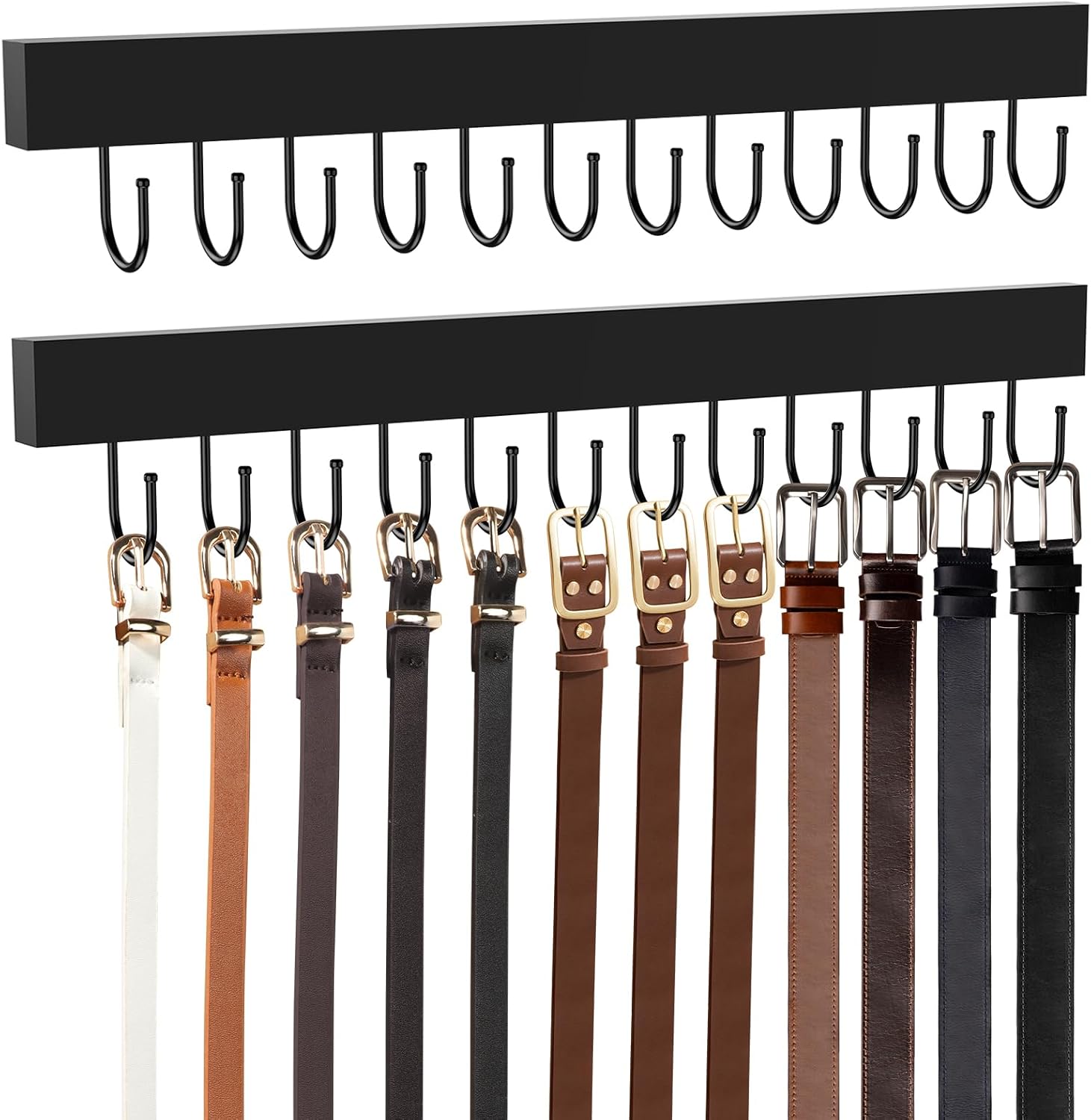 Belt Hanger Wall Mount, Wooden Closet Belt Organizer with 24 Metal Hooks, Large Capacity, Black, 2 Pcs