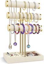 Flexzion 3 Tier Bracelet Holder Display Stand - Beige Velvet Bracelet Holder Organizer with Detachable T Bar - Jewelry Display Stand for Bracelets, Bangles, Necklace, Watches, Rings