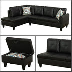 L-Shaped Sectional Sofa with Movable Chaise & Storage Ottoman, Leather 3-Piece Modular Convertible Couches for Living Room, Apartment & Office, Black