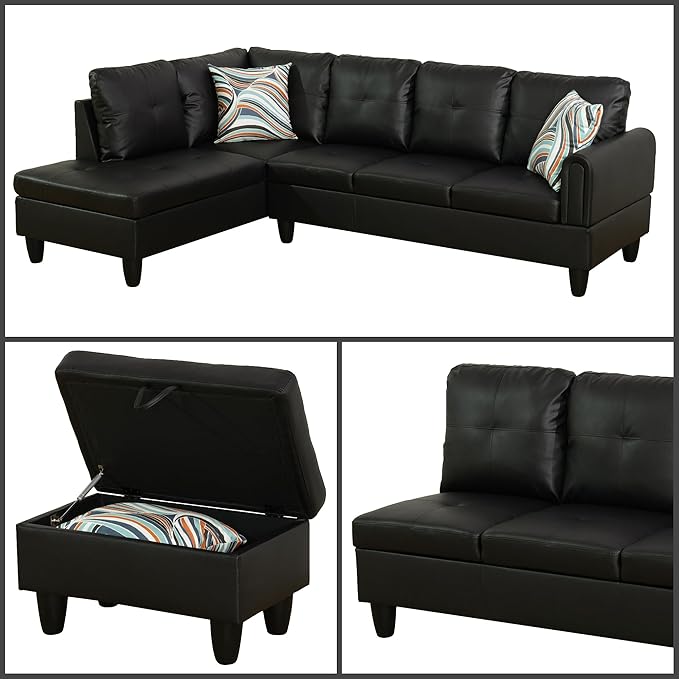 L-Shaped Sectional Sofa with Movable Chaise & Storage Ottoman, Leather 3-Piece Modular Convertible Couches for Living Room, Apartment & Office, Black