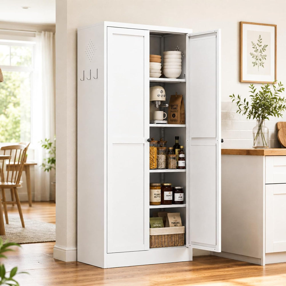Metal Pantry Cabinet, 61" Kitchen Pantry Cabinet with 2 Doors and 4 Adju...