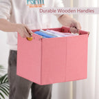HOONEX Large Foldable Storage Bins, Linen Fabric, Pack of 2, Storage Baskets with Wooden Carry Handles and Sturdy Heavy Cardboard, for Home, Office, Car, Nursery, Pink
