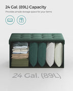 SONGMICS Mazie Collection - 30 Inches Folding Storage Ottoman Bench, Ottoman Foot Rest, End of Bed Bench, Storage Chest, Load 660 lb, for Living Room, Bedroom, Entryway, Retro Green ULSF047C01