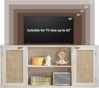 LEYAOYAO Rattan TV Stands for Living Room, Boho Entertainment Center with Storage and Open Shelf, Wood Media Console for 50-65 Inch TV, Grey White