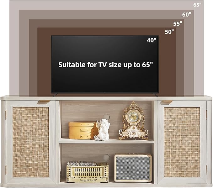 LEYAOYAO Rattan TV Stands for Living Room, Boho Entertainment Center with Storage and Open Shelf, Wood Media Console for 50-65 Inch TV, Grey White