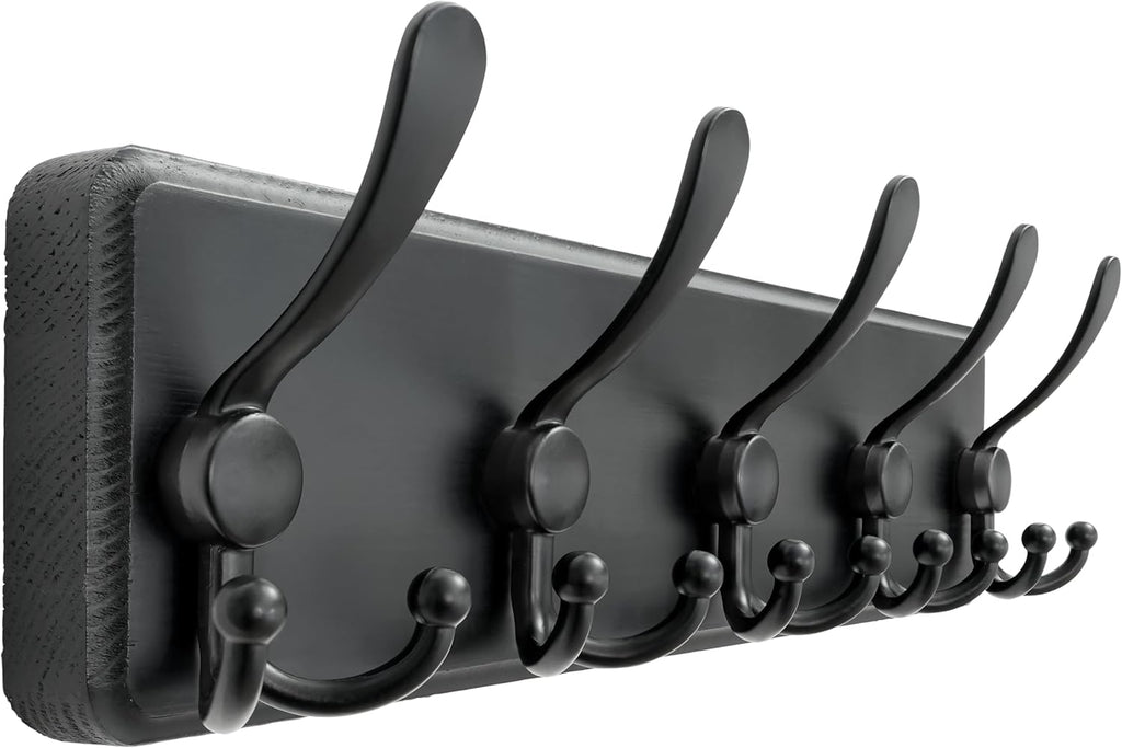 Dseap Coat Rack Wall Mounted - 5 Tri Hooks, Heavy Duty, Wooden Wall Coat Hanger Coat Hook for Clothes Hat Jacket Clothing, Black