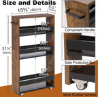 MARTY Slim Rolling Cart 4-Tier Utility Carts with Wheels Handle, Kitchen Storage Cart Slide Out Mobile Shelving Unit Organizer for Bathroom Laundry Room Organization Narrow Places (Rustic Brown)
