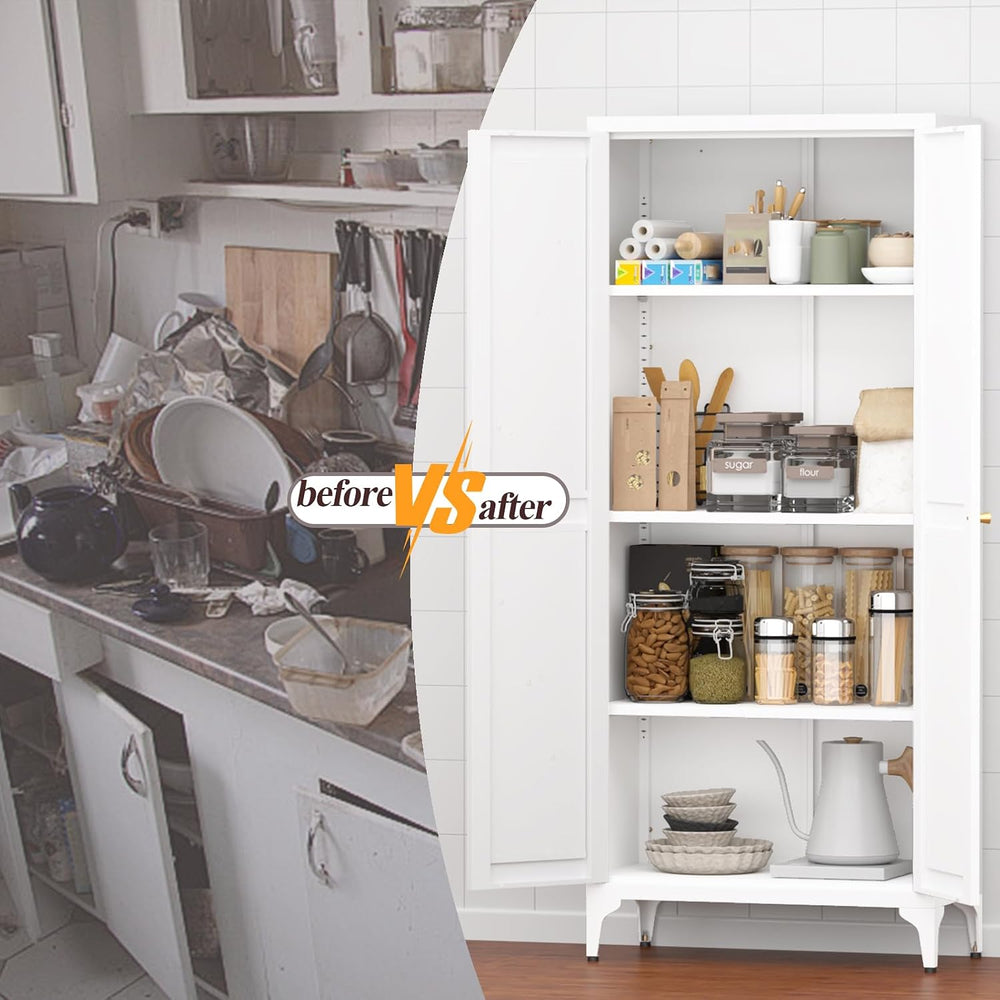 Metal 2 Doors Kitchen Pantry Cabinet with Adjustable Shelves 65 inch Tall Lar...