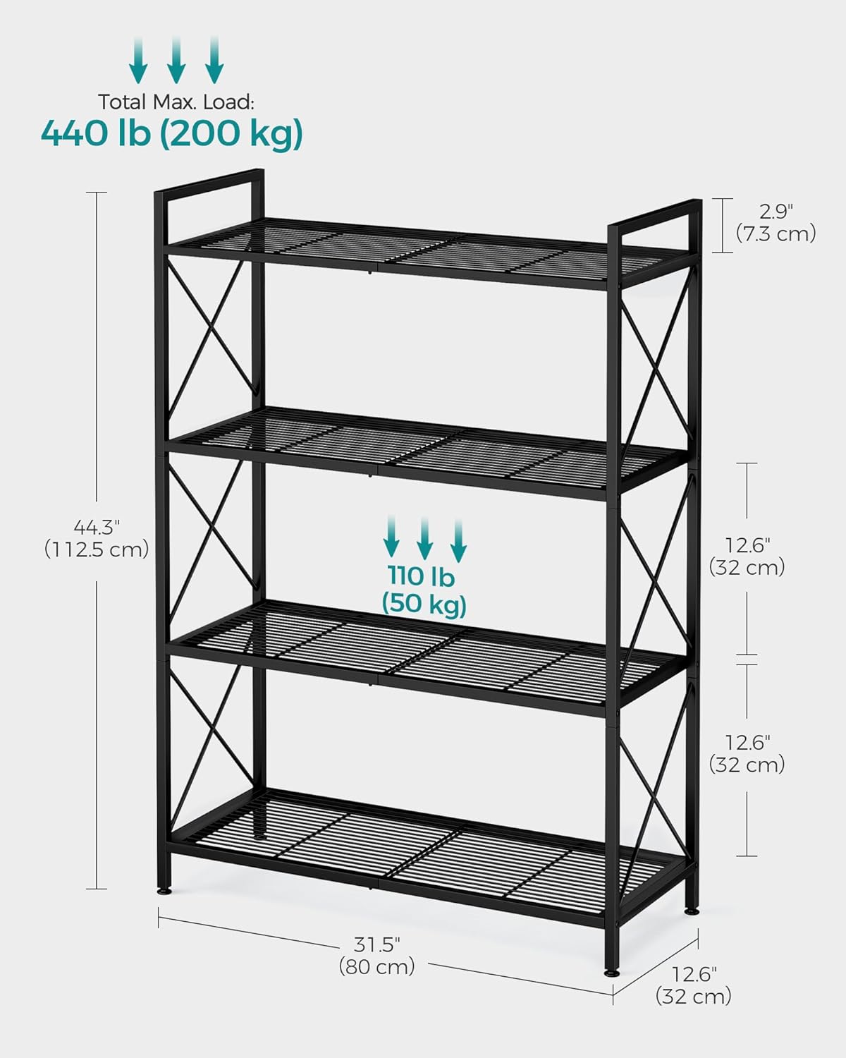 SONGMICS 4-Tier Metal Storage Rack, Shelving Unit with X Side Frames, Dense Mesh, 12.6 x 31.5 x 44.3 Inches, for Entryway, Kitchen, Living Room, Bathroom, Industrial Style, Ink Black UBSC184B01