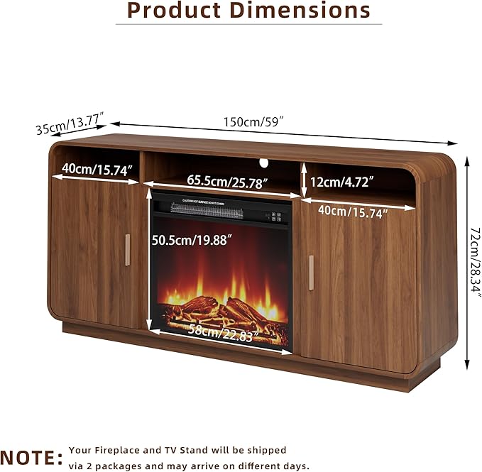 Fireplace TV Stand for TVs Up to 65”, Entertainment Center with 23” Electric Fireplace, Storage Side Cabinets and Adjustable Shelves, Mid Century Modern Media Console Table for Living Room (Walnut)