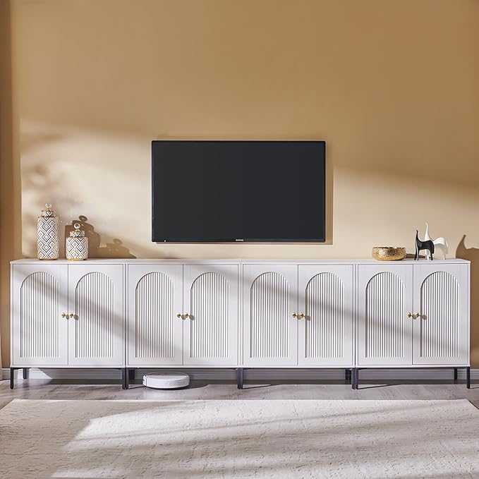 Modern TV Stands for 85 Inch TVs, 123.5‬"W Wood Entertainment Center w/Adjustable Shelves, Mid Century Modern TV Stand w/Arched Fluted Doors, Media Console Cabinet for Living Room, White