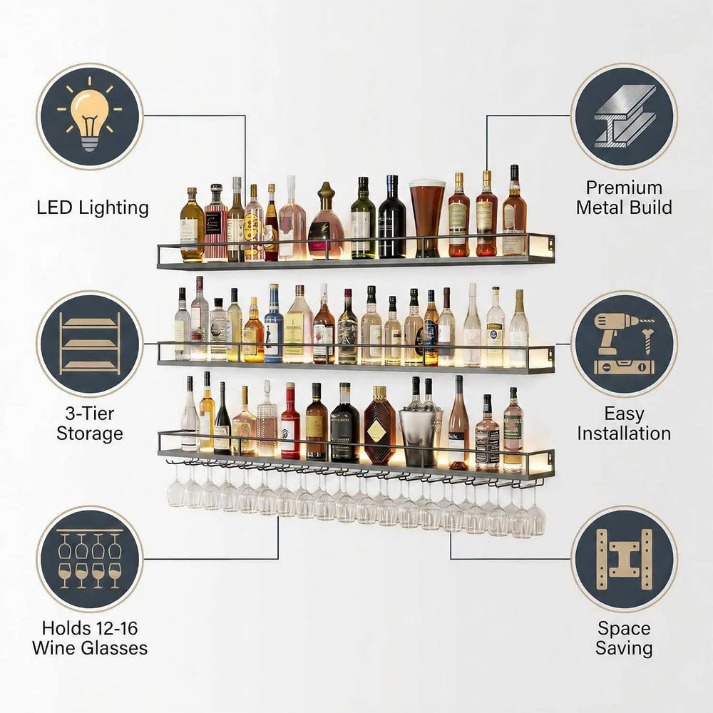 55.1" Wall Mounted Wine Rack with Lights, 3-Tier Floating Bar Shelf | Ho...