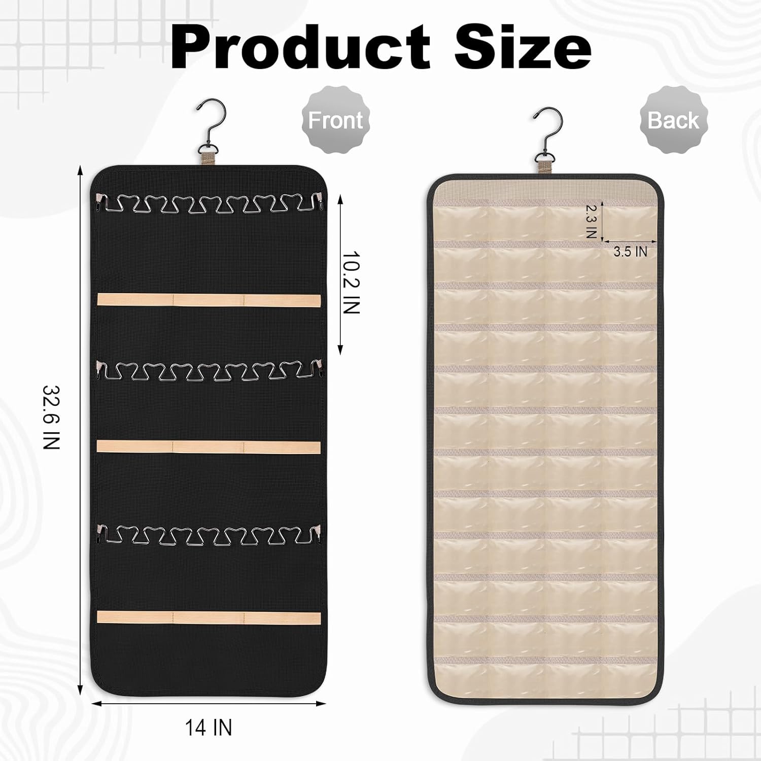Dynoro Double-Sided Hanging Jewelry Organizer, Large Black Storage Roll for Earrings, Necklaces, Rings, 48 Pockets 21 Hooks, Durable Oxford Fabric for Closet, Wall, Door, 1 piece, Jewelry Not Included