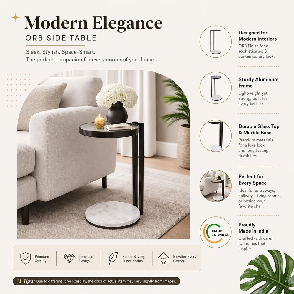 Black Drink Table with Glass Top & White Marble Base | Decorative Modern ...