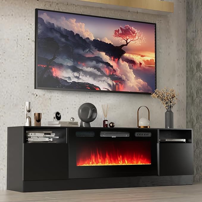 oneinmil Fireplace TV Stand with 36" Electric Fireplace, LED Light Entertainment Center, Modern Wood Texture Entertainment Stand with Highlight Storage Cabinet for TVs Up to 80", 70 inches, Black