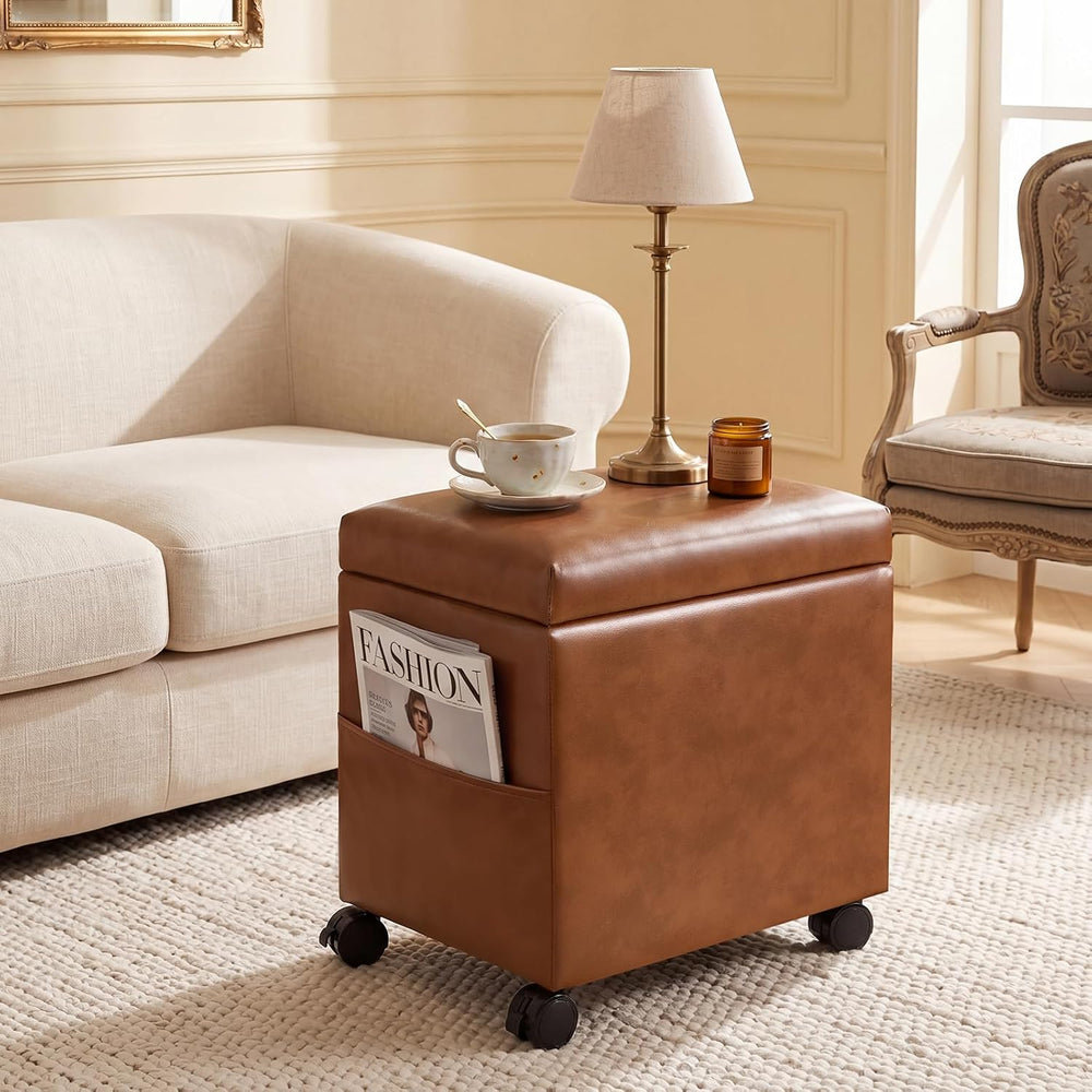 16" Faux Leather Storage Ottoman Foot Rest Stool with Wooden Tray, Foots...