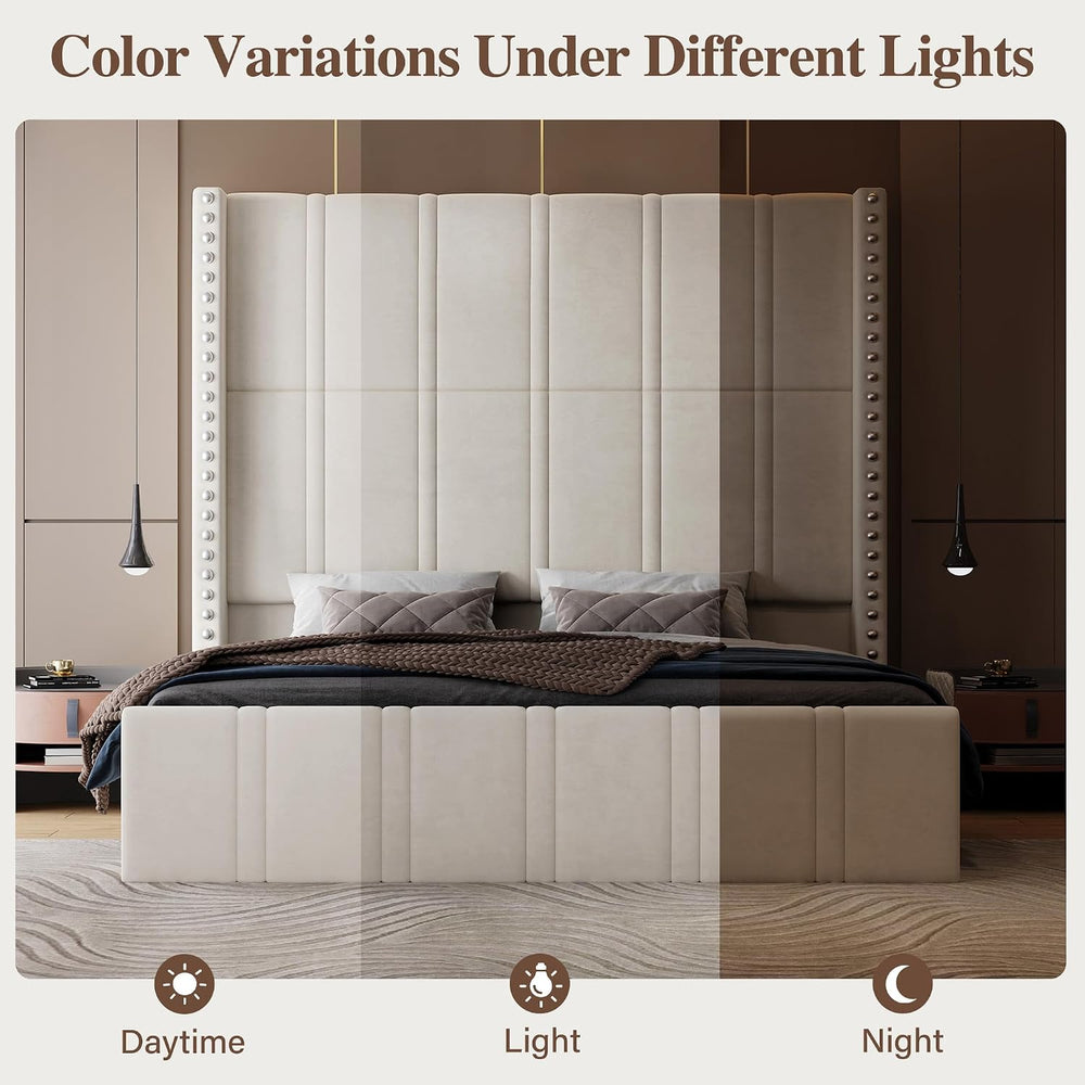 Queen Bed Frame with 65.75" Tall Headboard, Beige