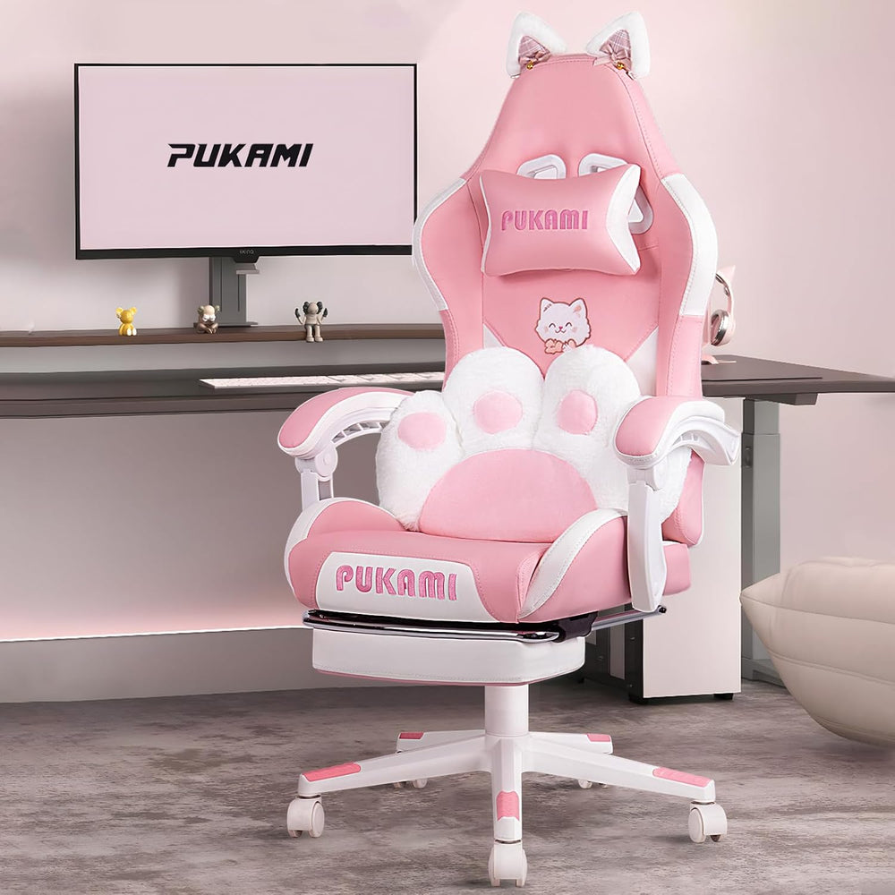 PUKAMI Pink Gaming Chair Cute with Cat Ears and Cat Paw Lumbar Cushion, Ergon...