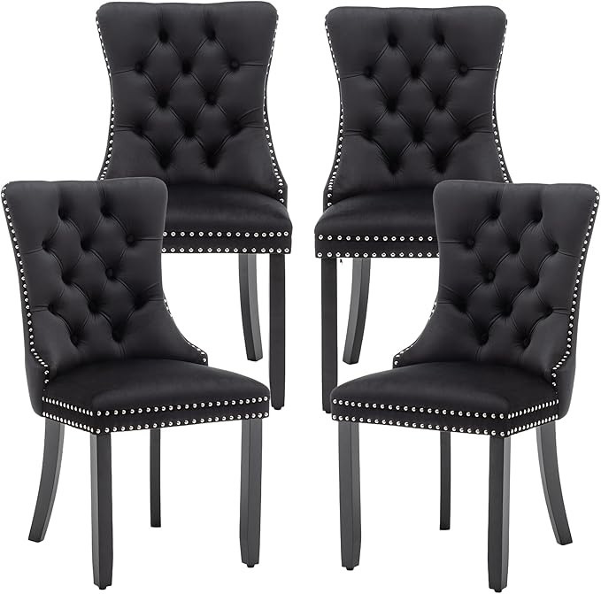Mid Century Modern Dining Chair Set of 4 Velvet Upholstered Dining Room Chair Farmhouse Dining Accent Chairs with High Back and Nailhead Trim for Kitchen, Living Room, Bedroom (Black)