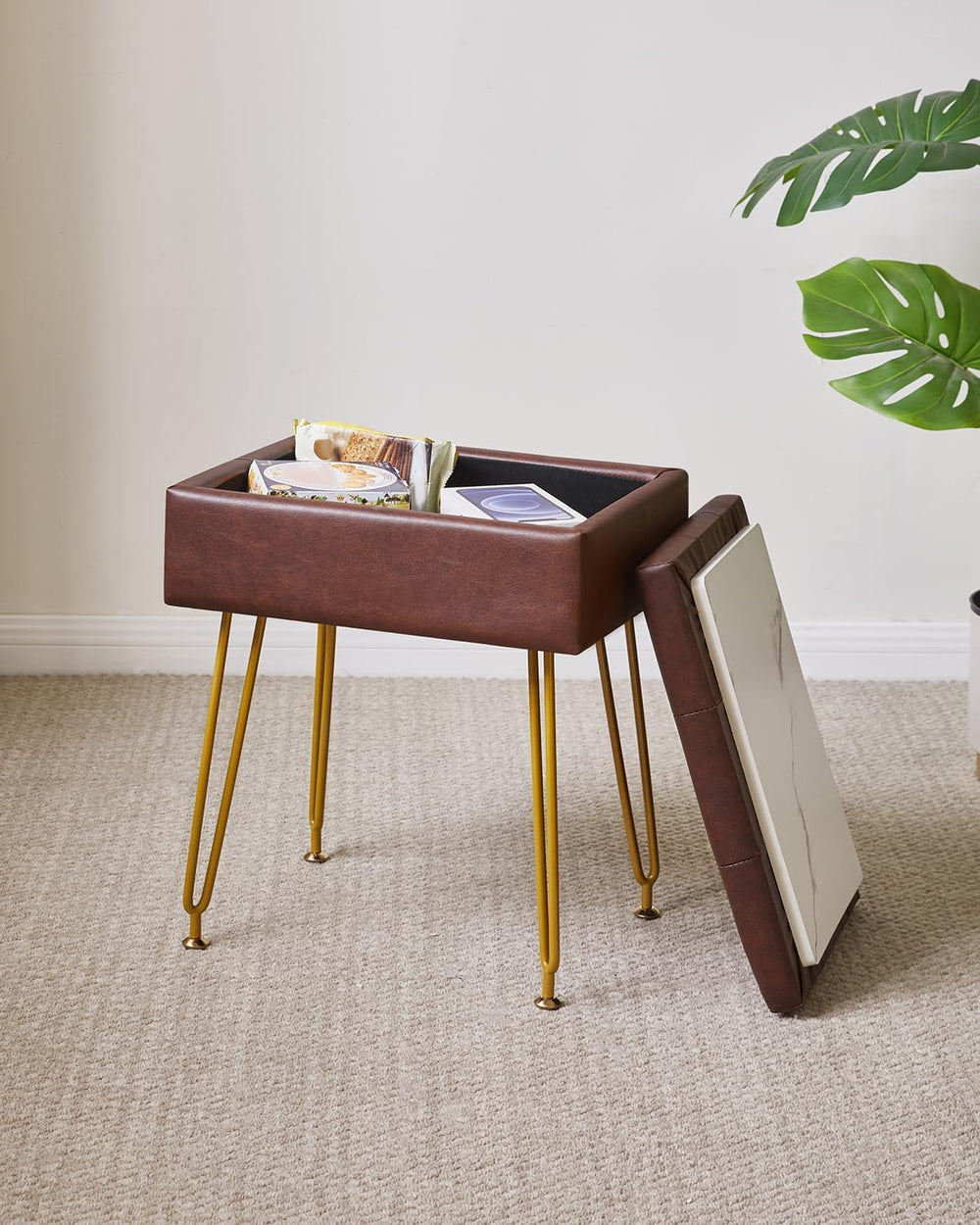 IBUYKE PU Storage Vanity Stool with Flip Tabletop, Ottoman, Brown WBD014Z | M...