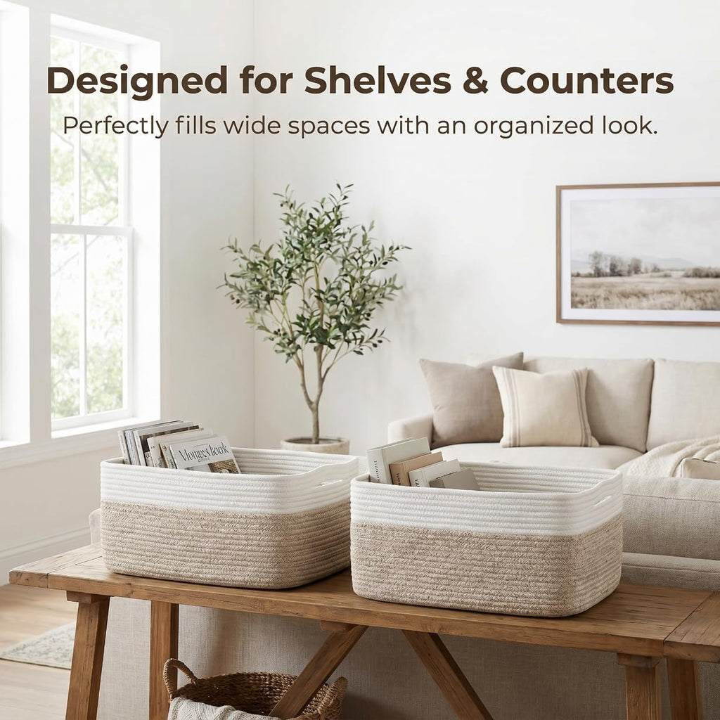 Large Storage Basket for Shelves 16.8”x13”x7.5”2 Pack | Large Baskets for Storage, Soft Cotton Rope Woven Baskets for Shelves, Closet, Laundry, Bathrooms, Blanket, Clothes, Closet