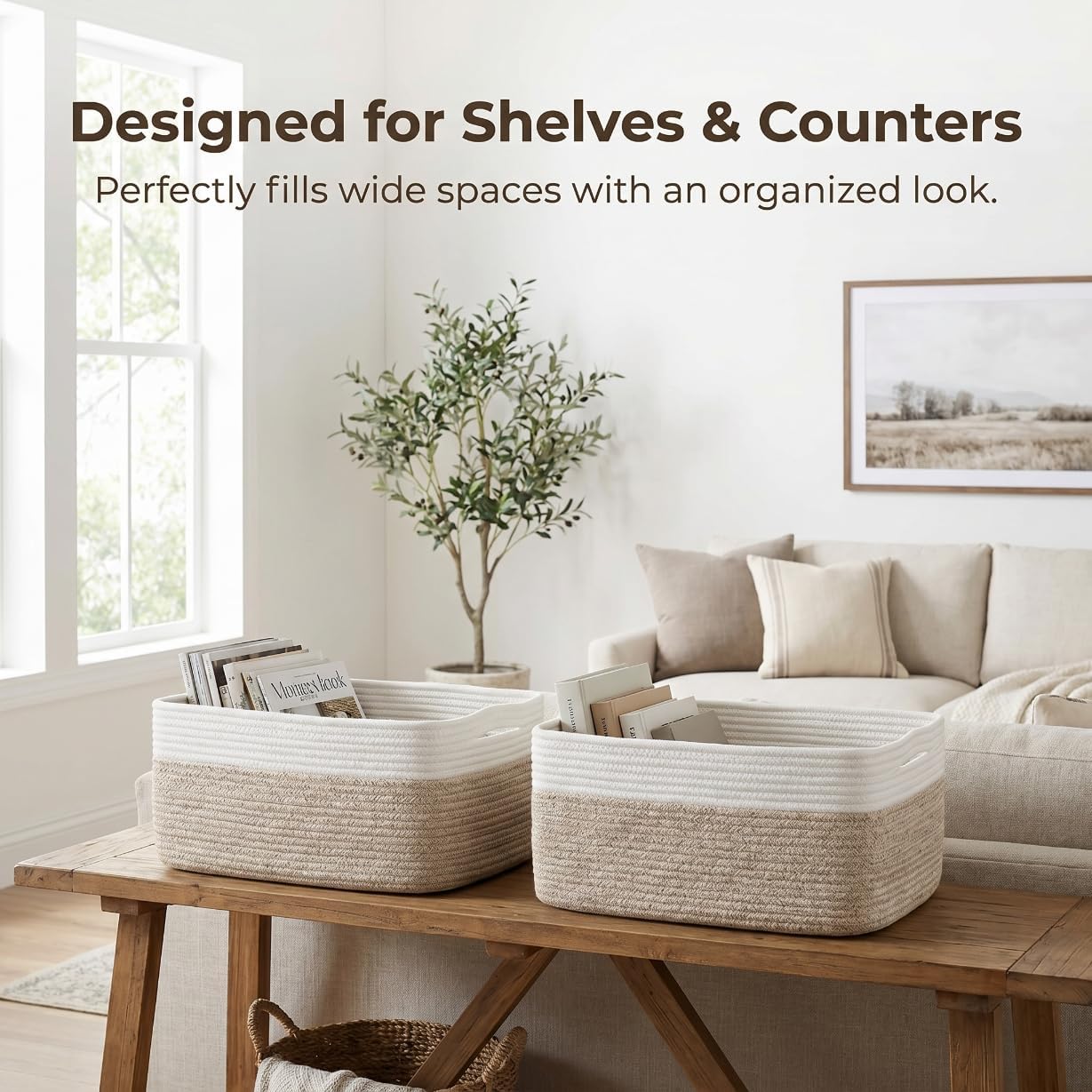 Large Storage Basket for Shelves 16.8”x13”x7.5”2 Pack | Large Baskets for Storage, Soft Cotton Rope Woven Baskets for Shelves, Closet, Laundry, Bathrooms, Blanket, Clothes, Closet